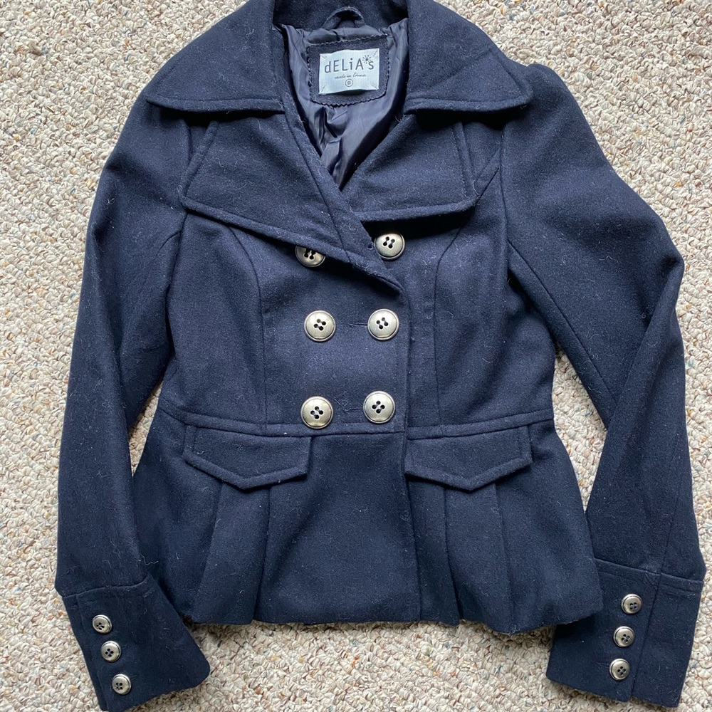 Navy peacoat with pleated peplum bottom